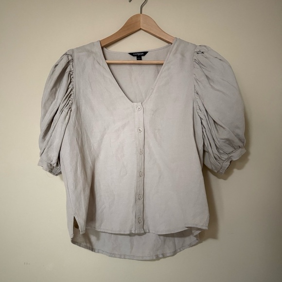 EXPRESS Linen Blend Neutral Beige Puff Sleeve Button Down Top Sz S - Picture 2 of 7